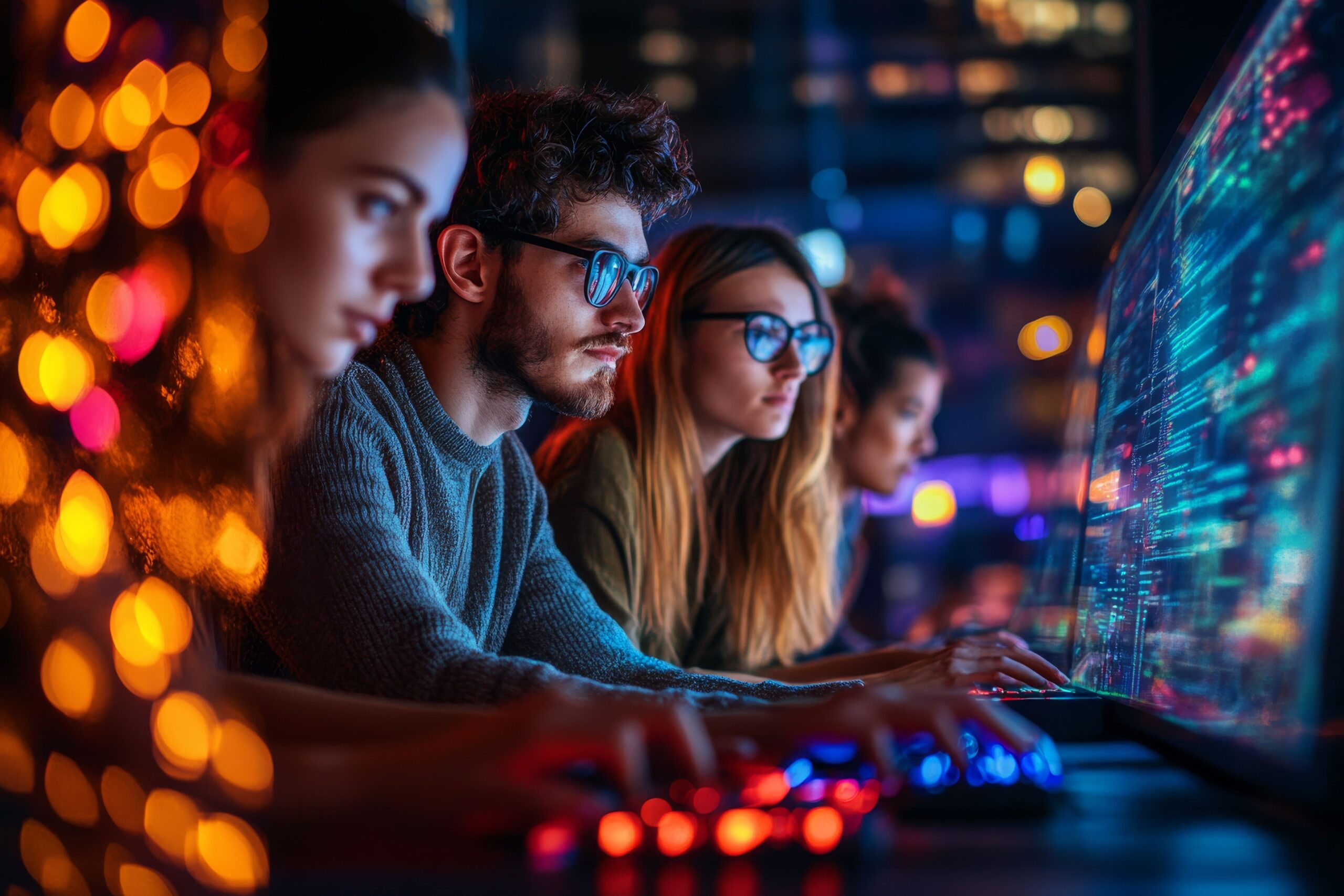 IT team monitors Minecraft server load across multiple screens in a dark environment