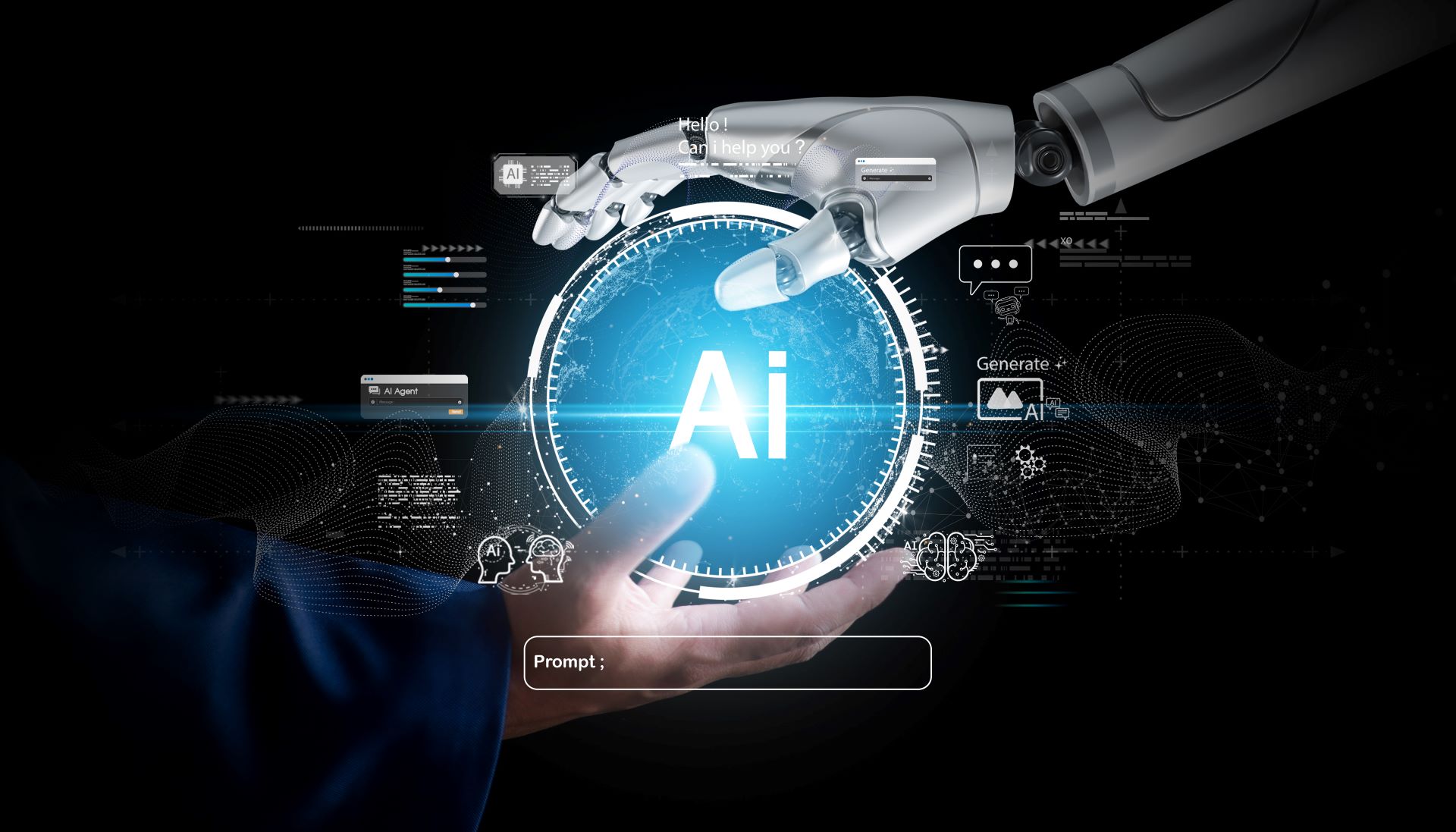 Artificial intelligence robot hand touching a human hand with glowing AI symbol